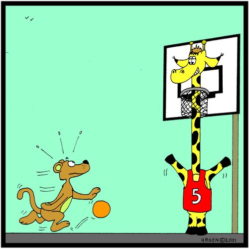 Giraffe playing basketball.