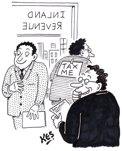 'Tax man practical joker sticks sign on colleague's back which reads; Tax me.'