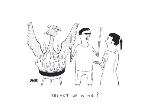 "Breast or wing?" (Phoenix rising from barbecue).