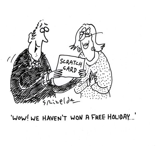 Couple with a scratch card - 'Wow! We haven't won a free holiday...'