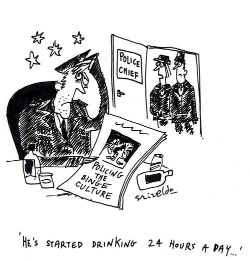 Police chief holding paper with headline 'Policing the Binge Culture' - 'He's started drinking 24 hours a day'
