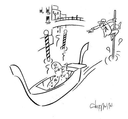 A couple honeymooning in Venice fails to notice the gondolier has been left behind.