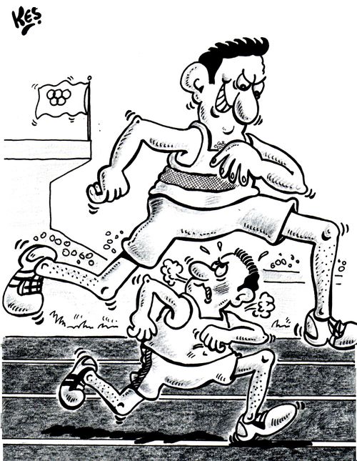 Very tall runner leaps over shorter runner.
