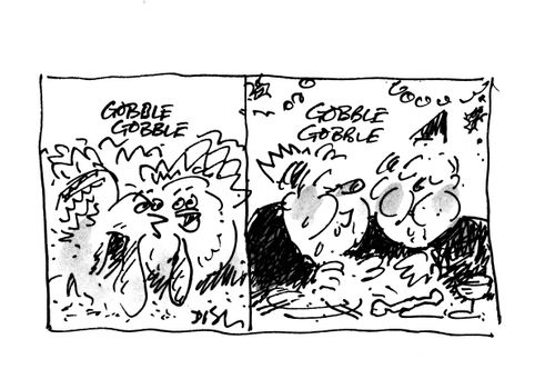 Turkeys' eating and humans eating Christmas dinner in the same way!