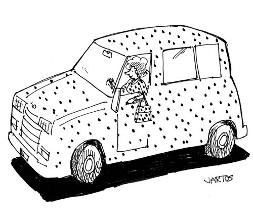 Woman in spotty car with matching spotty outfit.