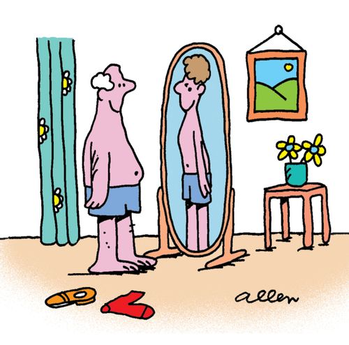 Out of condition man in front of mirror which makes him look slim.