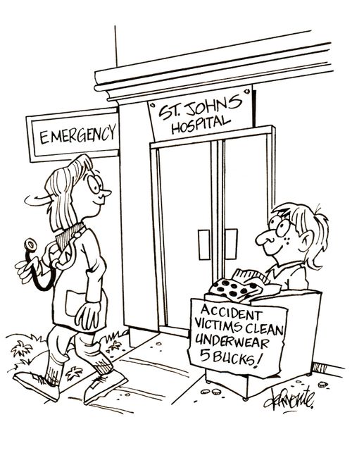 Kid sells underwear outside of hospital emergency doorway.