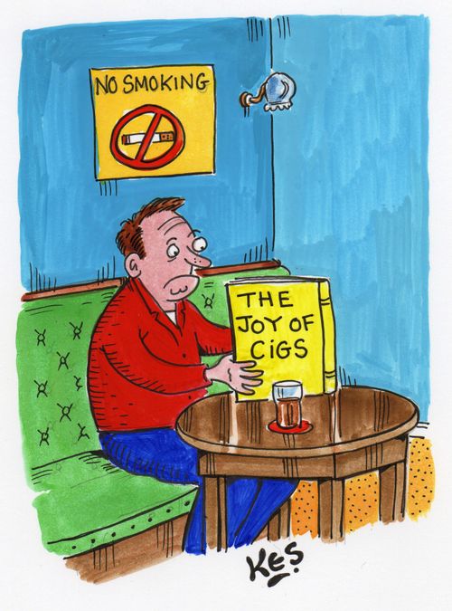 Man in pub reads book: The Joy of Cigs.