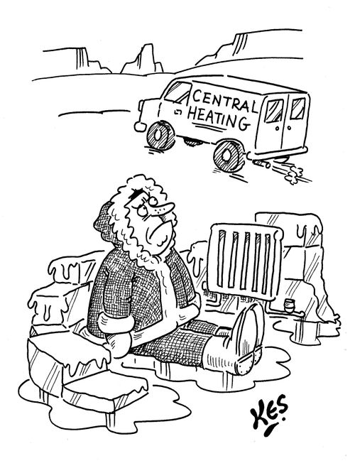 An Eskimo sits in a melting igloo, as a central heating van drives away.