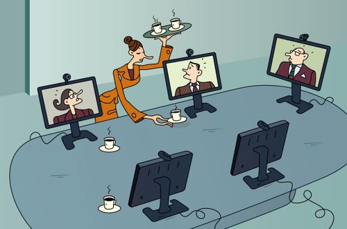 Woman bringing coffee cups to business people attending a video conference (via computer screens).