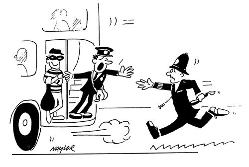 Policeman running after robber on bus.