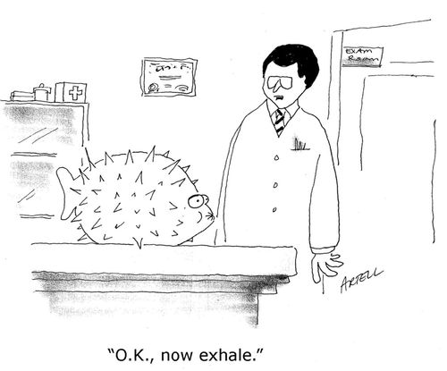 Doctor/vet tells puffer fish, 'O.K., now exhale.'