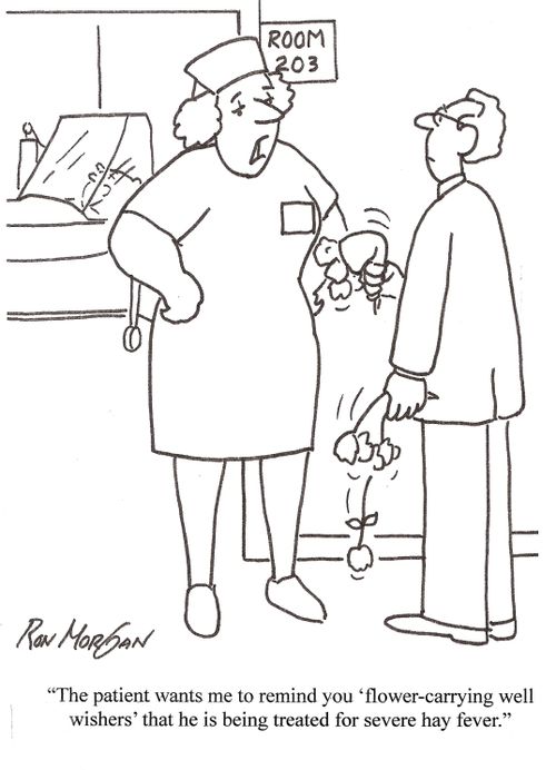 'The patient wants me to remind you 'flower-carrying well wishers' that he is being treated for severe hay fever.'