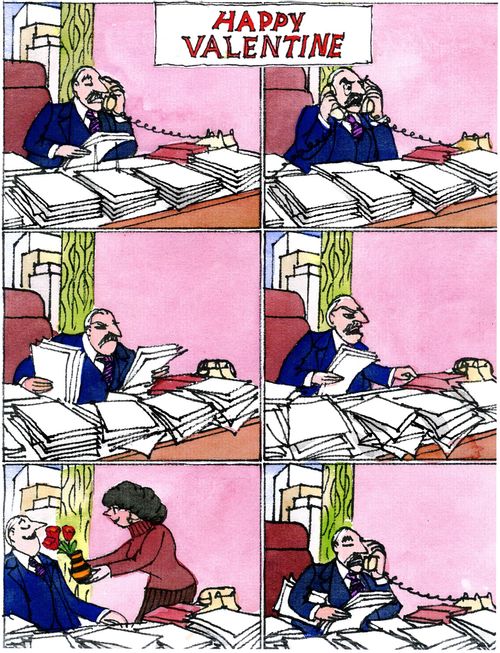 Busy man at his desk is given roses to smell as a Valentine's Day gift.
