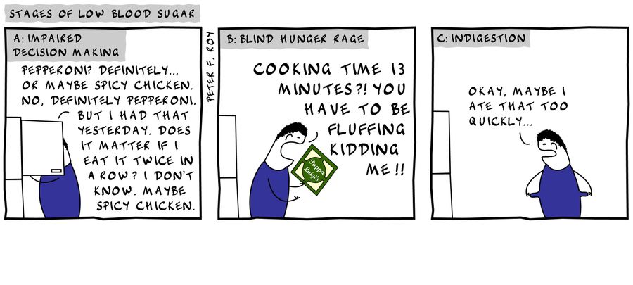 'Pepperoni? Definitely... or maybe spicy chicken. No, definitely pepperoni. But I had that yesterday. Does it matter if I eat it twice in a row? I don't know. Maybe spicy chicken.' - 'Cooking time 13 minutes?! You have to be fluffing kidding me!!' 'Oka...
