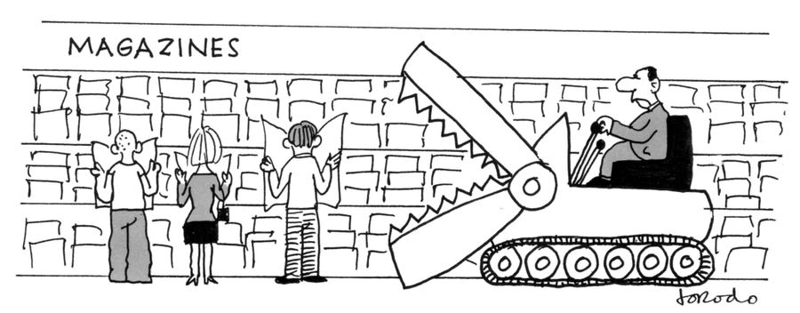 Shop manager drives digger to remove persistent magazine readers