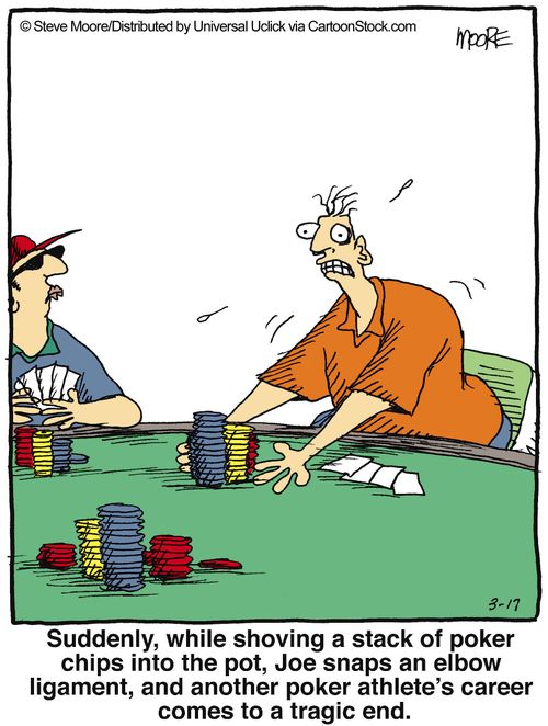 Suddenly, while shoving a stack of poker chips into the pot, Joe snaps an elbow ligament, and another poker athlete's career comes to a tragic end.