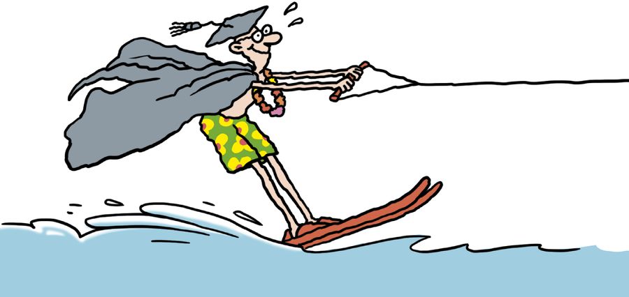 A school master water skiing in Bermuda shorts.