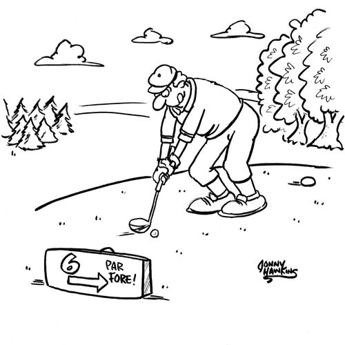 Man teeing off: 'Hole 6 Par Fore!'