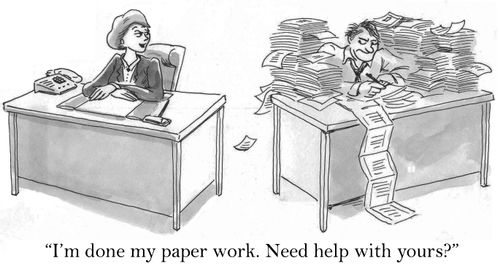 'I'm done my paper work. Need help with yours?'