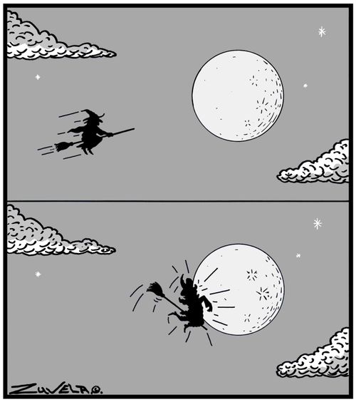A Witch flies into the Moon.