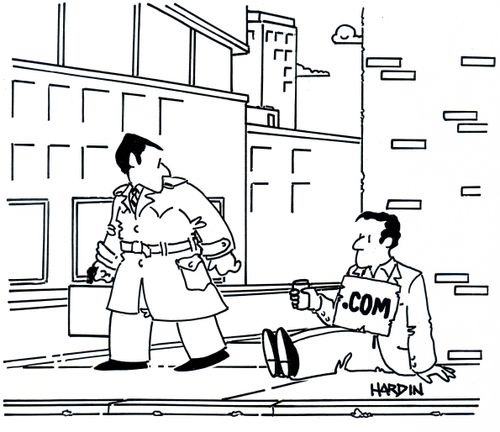 Man passes beggar with '.com' sign.