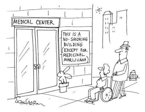 Sign reads This is a no-smoking building (except for medicinal marijuana).