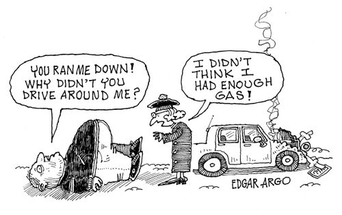 Old woman knocks down man because she didn't have enough gas to go around him.