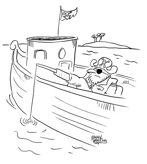 Pirate using wooden leg to go fishing