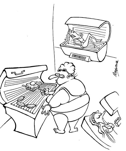 Fat woman cooking on her sunbed rather than tanning herself