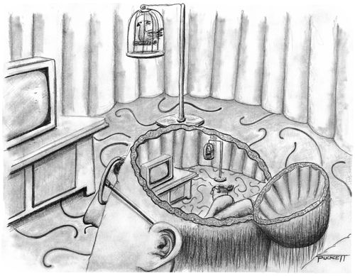 A man watching t.v. with his skull hinged open to reveal the same man watching the same t.v. . . .