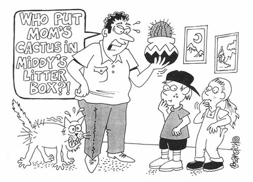 "Who put Mom's Cactus in Middy's litter tray?"