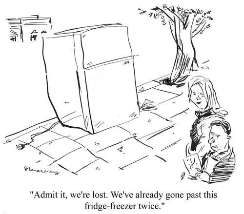 'Admit it, we're lost. We've already gone past this fridge-freezer twice.'
