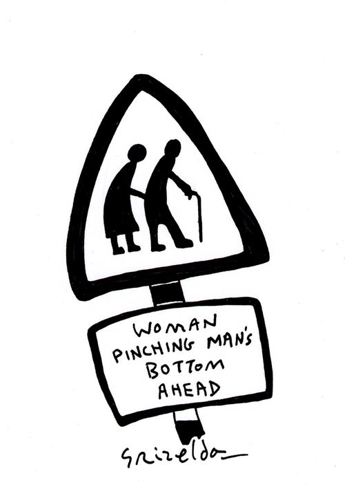 Woman pinching man's bottom ahead