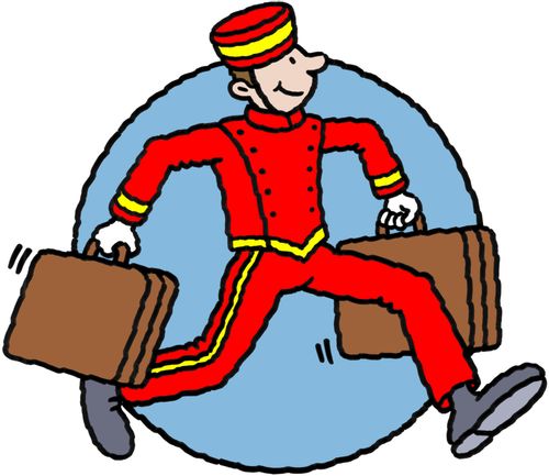happy bellboy carrying suitcases