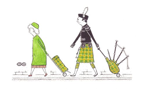 Woman pulling tartan trolley and a Scotsman pulling bagpipes.