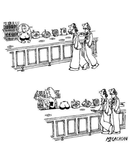 Visual joke: Bar lady appears to have large breasts but doesn't.