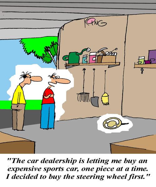'The car dealership is letting me buy an expensive sports car, one piece at a time.  I decided to buy the steering wheel first.'