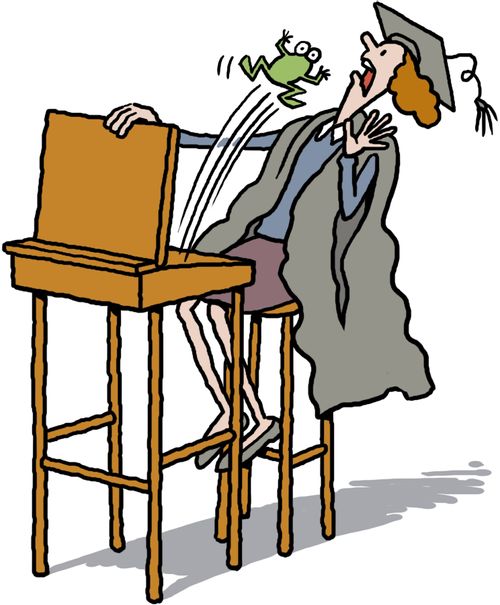 Schoolmistress surprised by frog leaping out of desk.