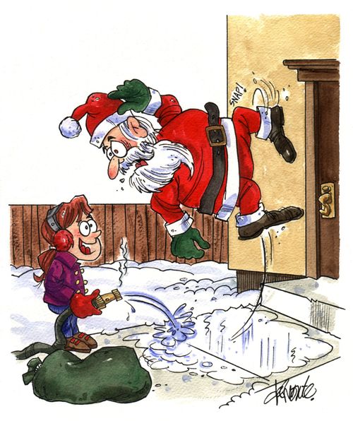 Little girl hoses down walkway as Santa slips and falls