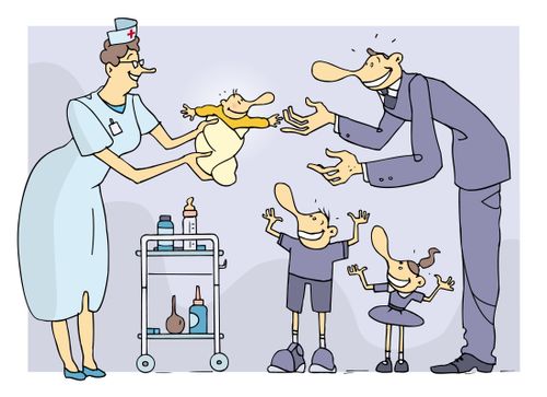 Maternity nurse presenting newborn baby with big nose to father with big nose.