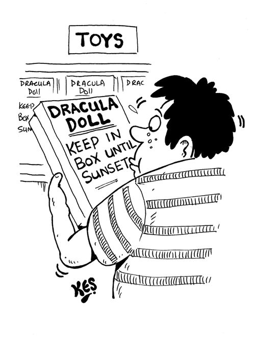 Child buys 'Dracula doll': Keep in box until sunset.