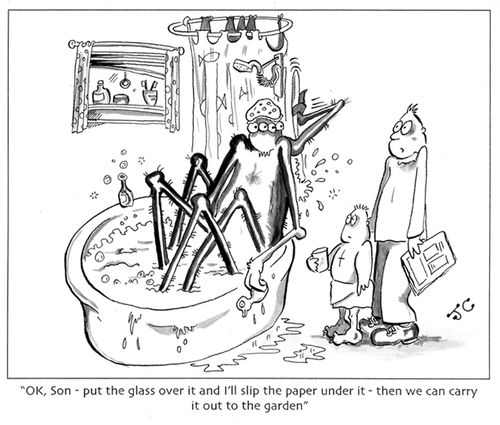 'OK, Son - put the glass over it and I'll slip the paper under it - then we can carry it out to the garden.'