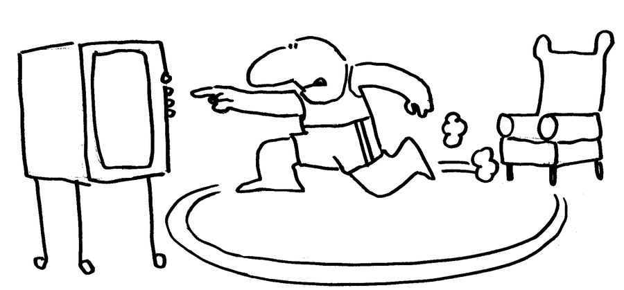 Man Runs to the Television to Zap it Off.