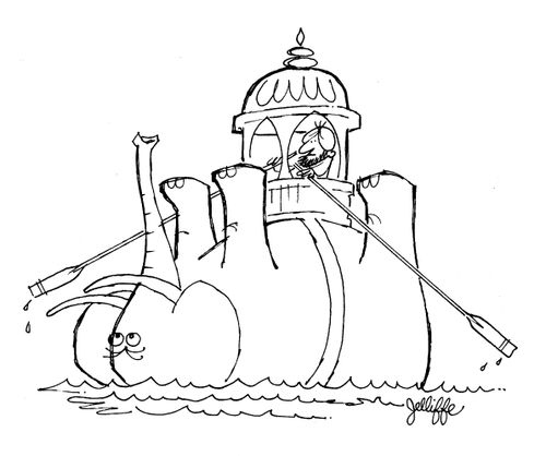 Indian rajah rowing elephant in a monsoon flood.