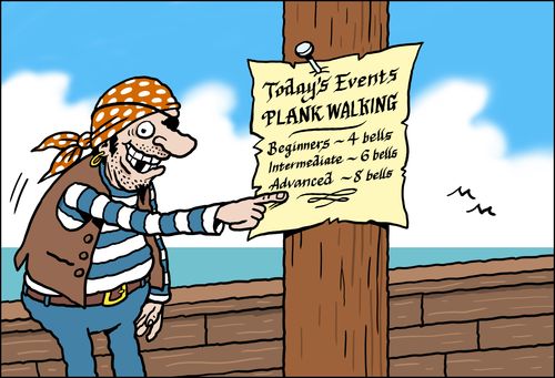 Pirate points to Plank Walking notice nailed to mast,