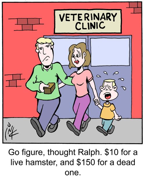 Go figure, thought Ralph. $10 for a live hamster, and $150 for a dead one.