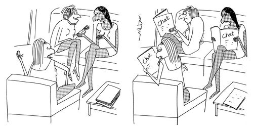 Women chatting together before they abandon their conversation to read gossip magazines.