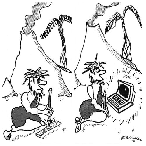 A caveman rubs two sticks together and gets a computer.