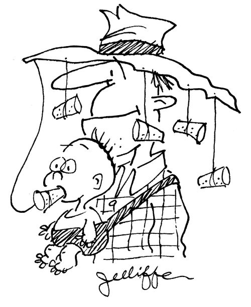 Baby sucks cork on Australian's bush hat.